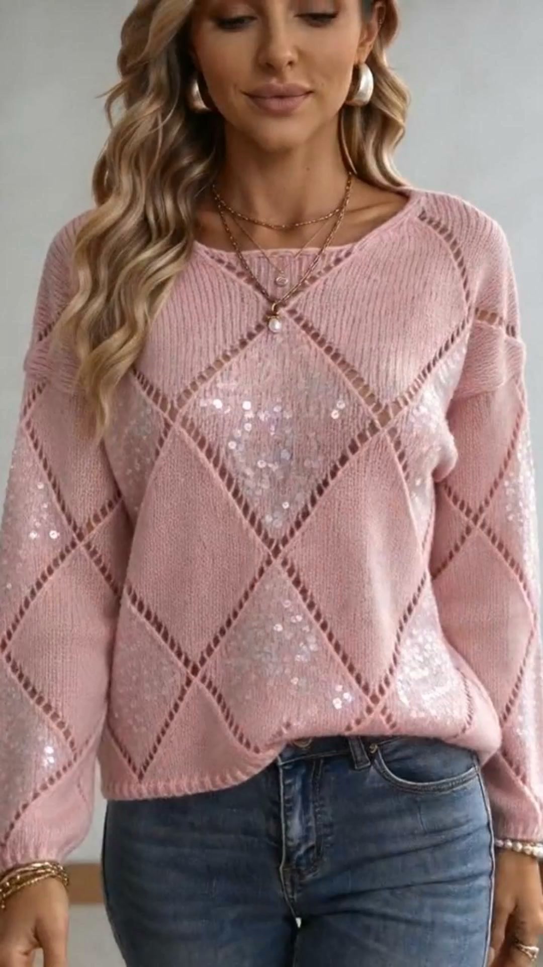 Sparkly Sequin Diamond Knit Sweater Top