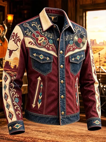 Men's Vintage Western Bull Skull Vinyl Record Print Long Sleeve Shirt