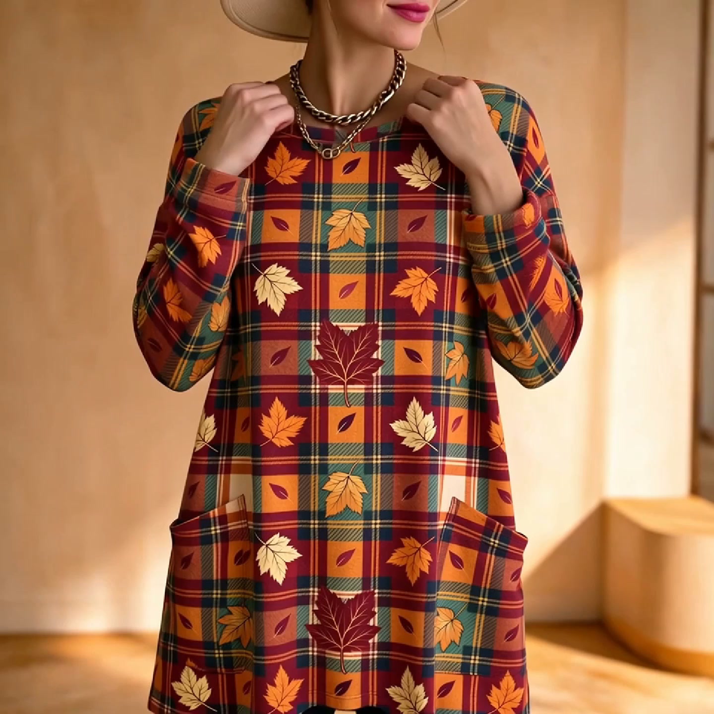 Plaid maple knit tunic with pockets