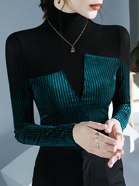 Contrast Color Split-Joint Long Sleeves Skinny High Neck T-Shirts Tops GREEN-M