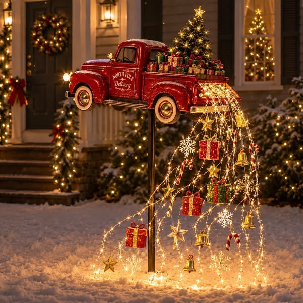 Solar Christmas Red Truck Yard Stake Decor
