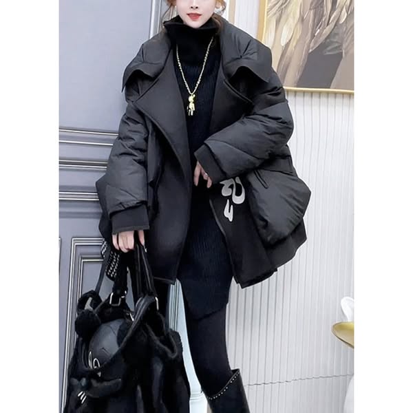 Plus Size Black Zip Up Pockets Patchwork Duck Down Coats Winter
