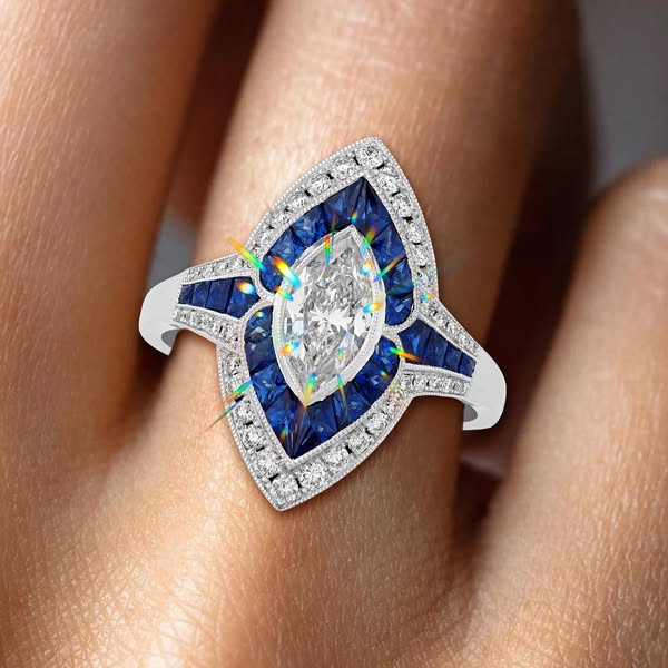 Art Deco Marquise Cut White & Blue Sapphire Ring