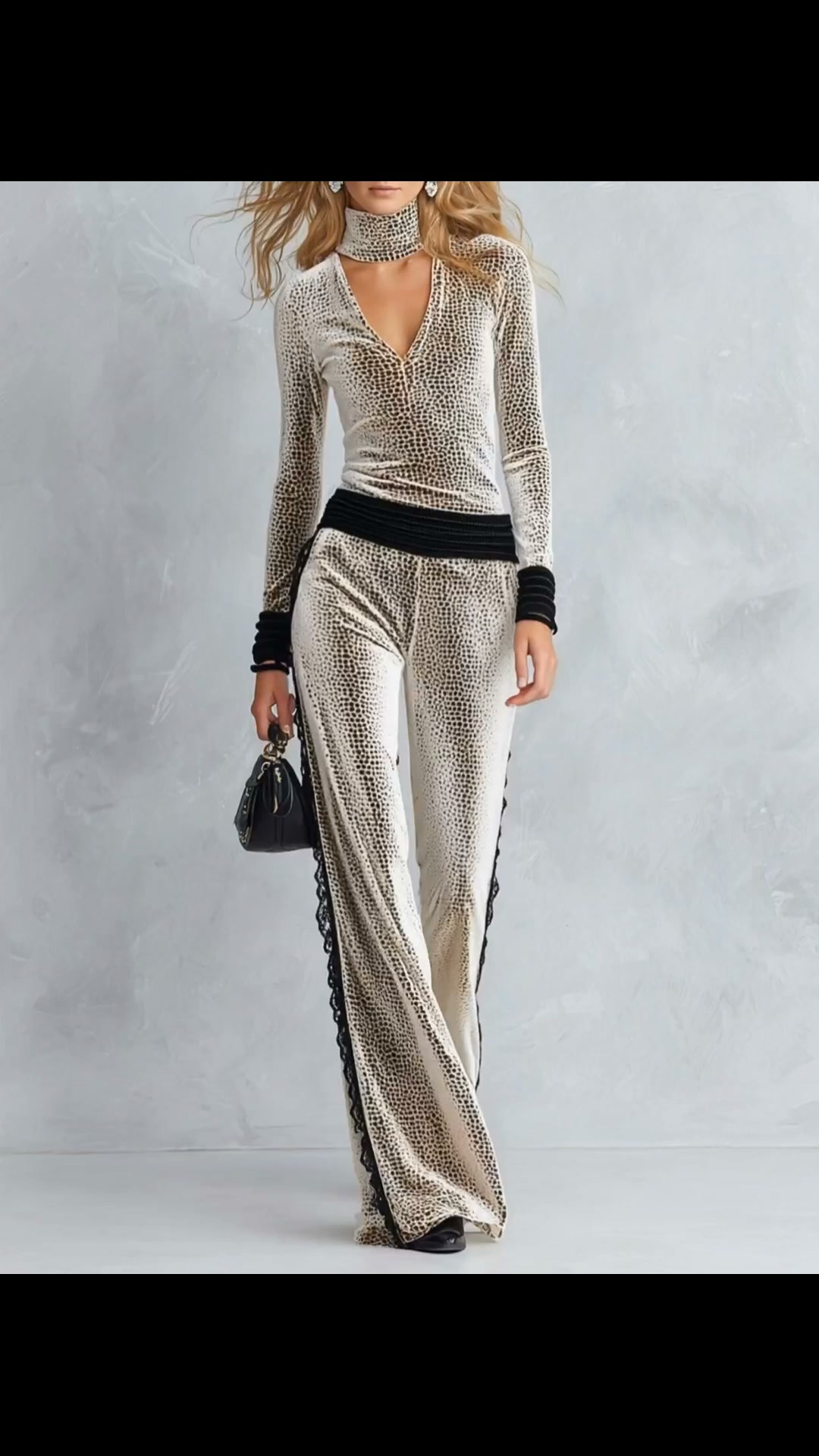 Polka‑Dot Velvet Choker Top & Lace‑Trimmed Wide‑Leg Trousers Two‑Piece Set | 10% OFF