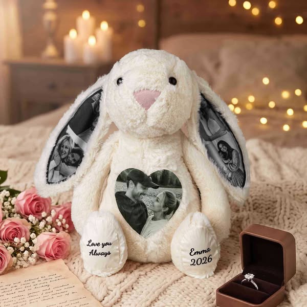 Coelho de pelúcia personalizado com 1 a 4 fotos, coelho macio com orelhas escondidas, presente ideal para relacionamentos à distância, anive