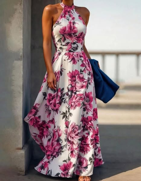 Chiffon Print Halter Neck Slim Waist A-Line Maxi Dress Rose Red-10