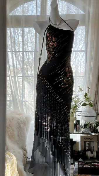 Black Vintage Fashion Delicate Floral Tassel Beaded Long Chiffon Ball Gown Birthday Party Dress Evening Gown Prom Dress Custom Color ( Speci