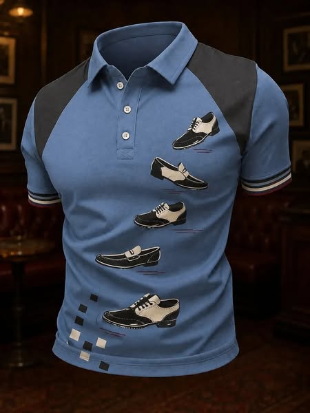 Men's Ska Revival Style Color Block Leather Shoe Graphic Print Short Sleeve Polo Shirt