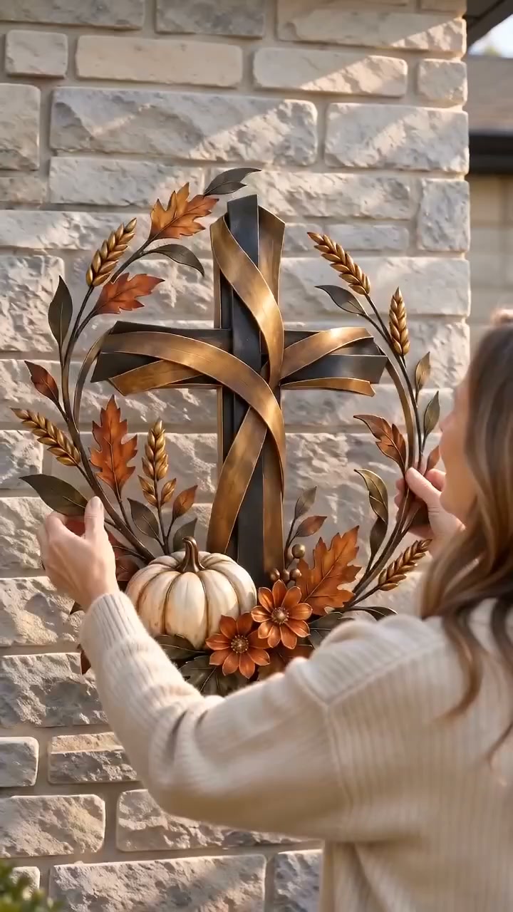 Autumn Cross & Pumpkin Harvest Metal Wall Decor