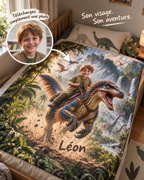 Son visage en héros dino sur son plaid