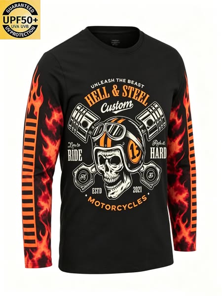 Men'S Retro Motorcycle Skull And Piston Crossbone Print T-Shirt