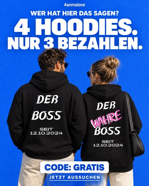 4 Hoodies. Nur 3 bezahlen.