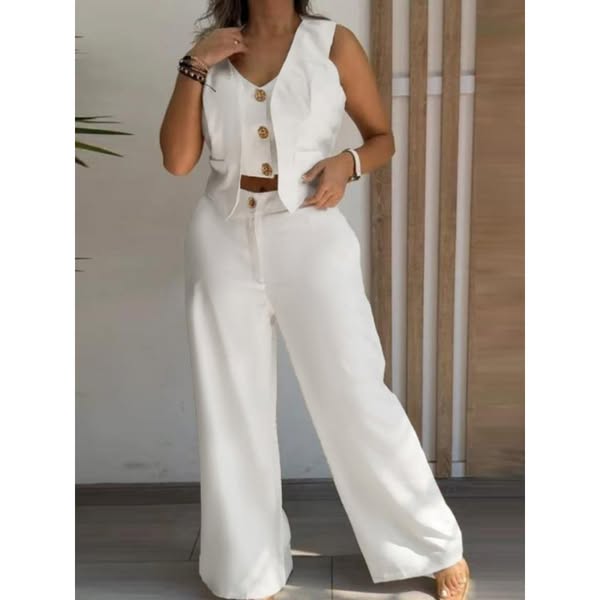 Sleeveless Button Vest & Wide Leg Pants Set