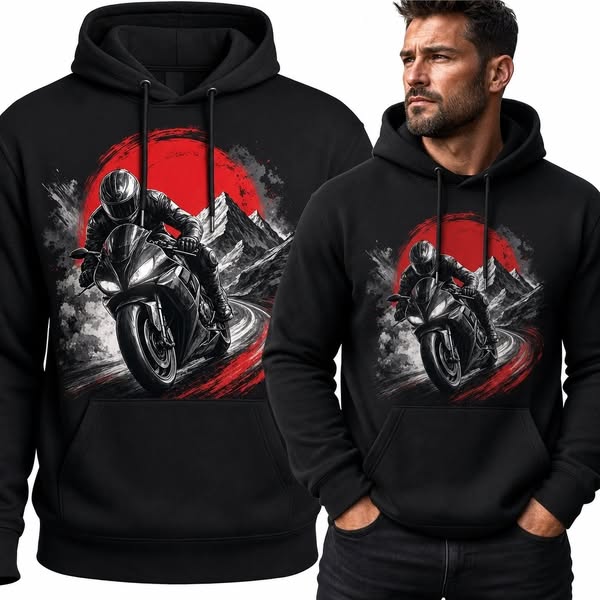 Bluza męska z kapturem - motocyklista na sportowym motocyklu w górach