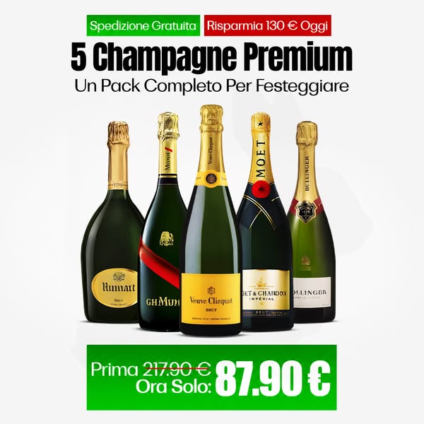 Selezione di 5 Champagne: Bollinger Special Cuvée, Veuve Clicquot Brut, Moët & Chandon Impérial Brut, Taittinger Brut Réserve e Laurent-Perr