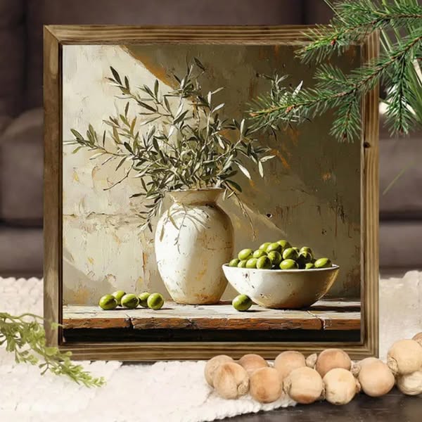 Multicolor Olive Tree Wooden Framed Wall Art Home Decor Crafts Still Life Farmhouse Decor 20.32x20.32cm Antique Background Office Christmas