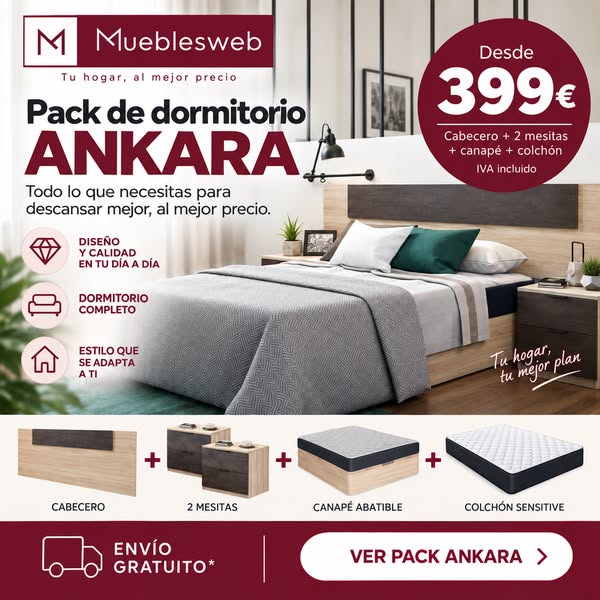 Pack dormitorio completo 399: Cabecero, colchón, canapé + mesitas