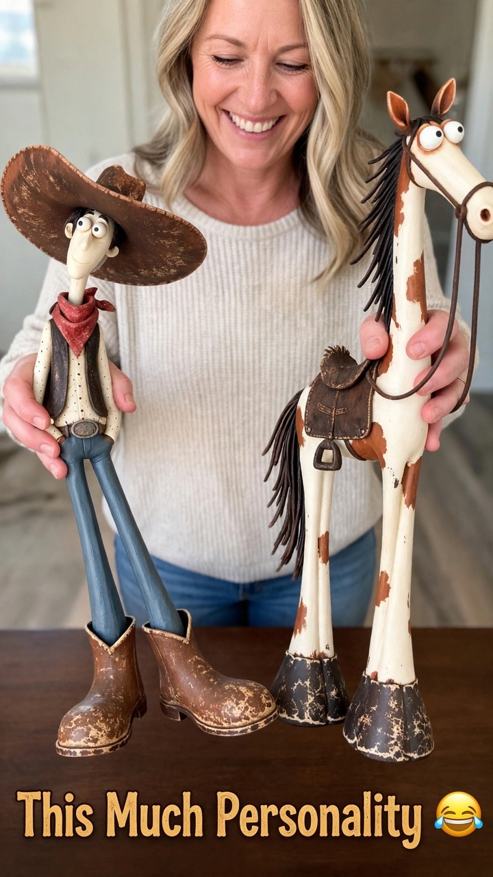 Rustic Western Cowboy & Horse Figurine Set – Whimsical Resin Shelf Decor (2-Piece)