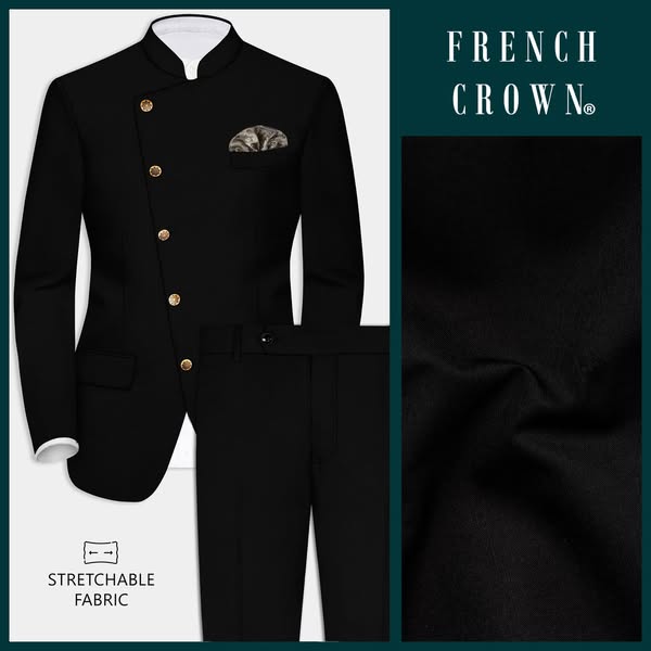 Just $219.75 | Jade Black Stretchable Subtle Sheen Cross Placket Bandhgala/Mandarin Suit