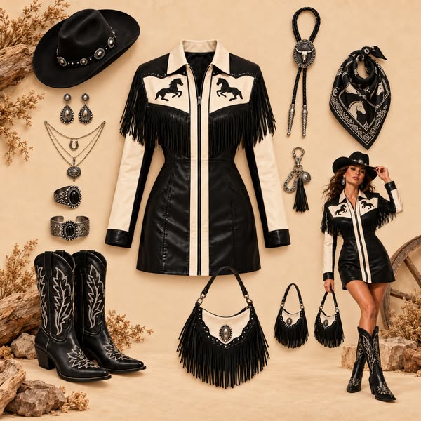 Black and Cream Horse Motif Fringe Zip Leather Mini Dress-Perfect for a Country Music Festival