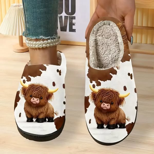 Women's Cozy Fleece-Lined Highland Cow Slippers Slip-On House Shoes fo