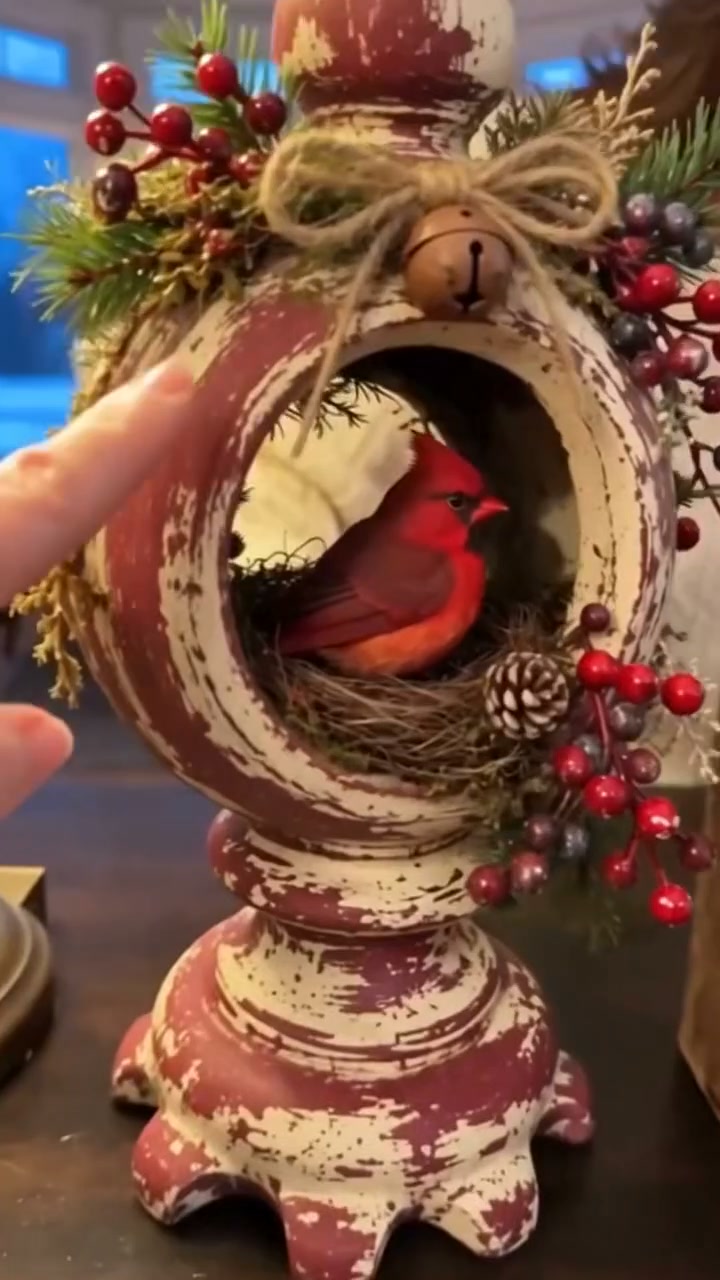 Vintage Christmas Bird Nest Decor | 7 Winter Bird Styles with Rustic Pedestal, Greenery & Bell Details