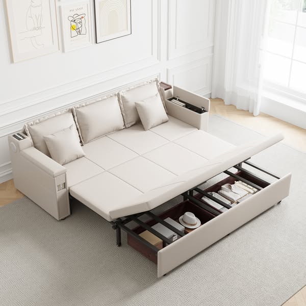 82.7" Convertible Bed Full Sleeper Sofa Leath-aire Upholstered Storage with Speaker