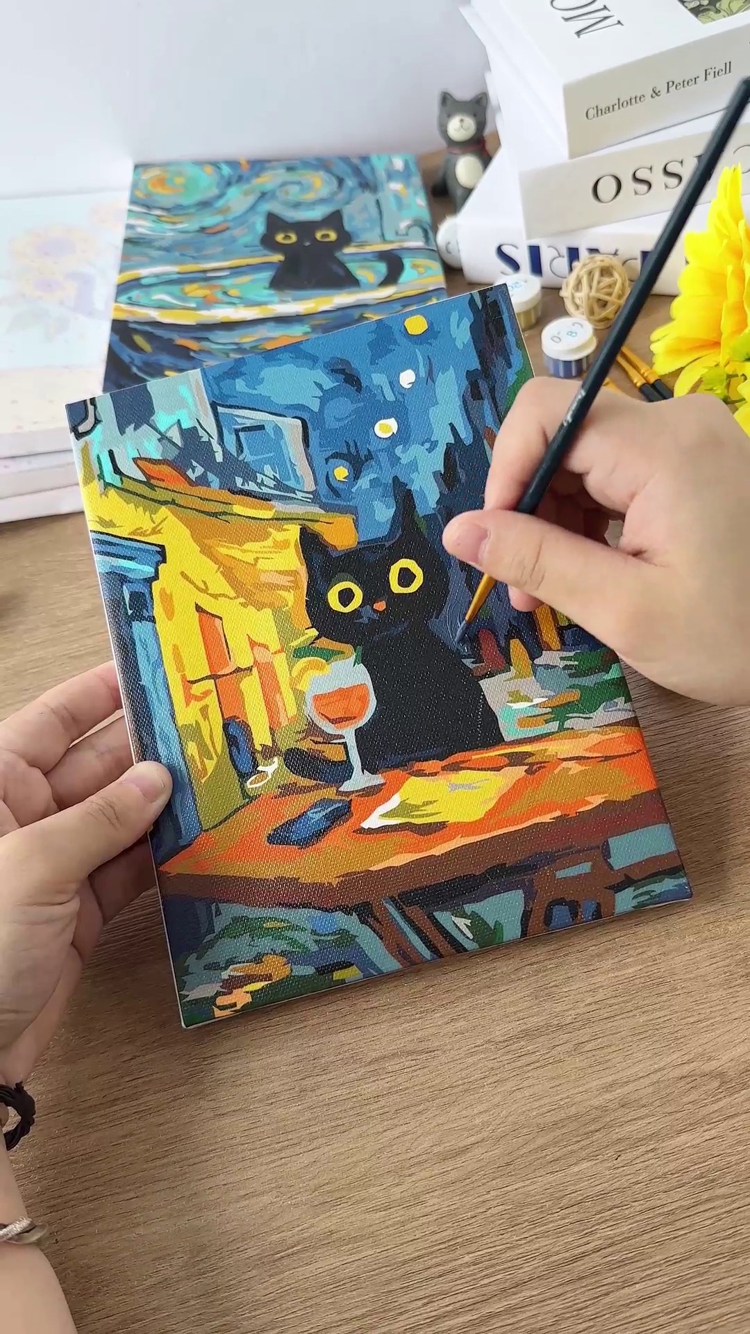 Mini Malen nach Zahlen 15x20 cm (6 Stück) - Katze im Van-Gogh-Stil