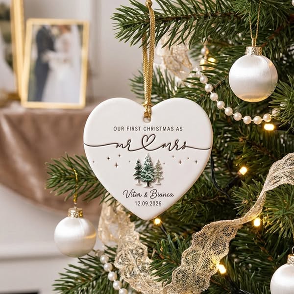 Personalized "Our First Christmas As Mr. & Mrs." Heart Ceramic Ornament