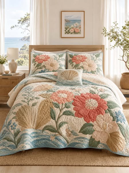 H.PAI Coastal Floral Quilted 3-Piece Bedding Set