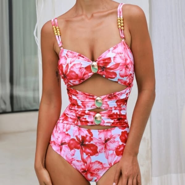 Cutout Flower Print One Piece Swimsuit and Skirt Flaxmaker Only swimsuit-S