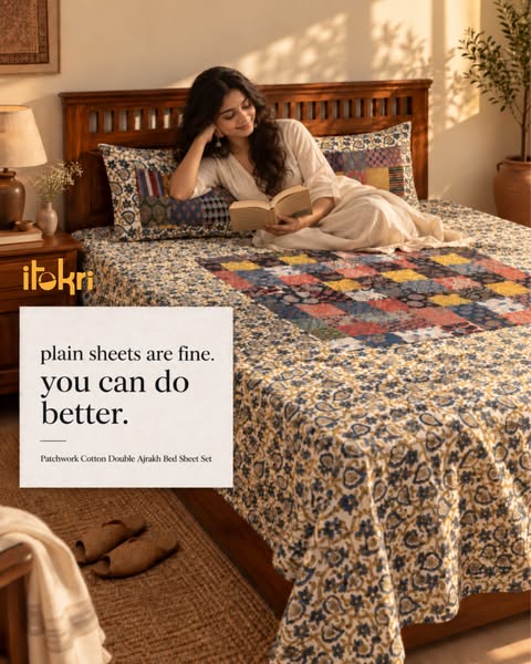 An Ajrakh double bedsheet set, block-printed by hand in Kutch. Shipped worldwide.
