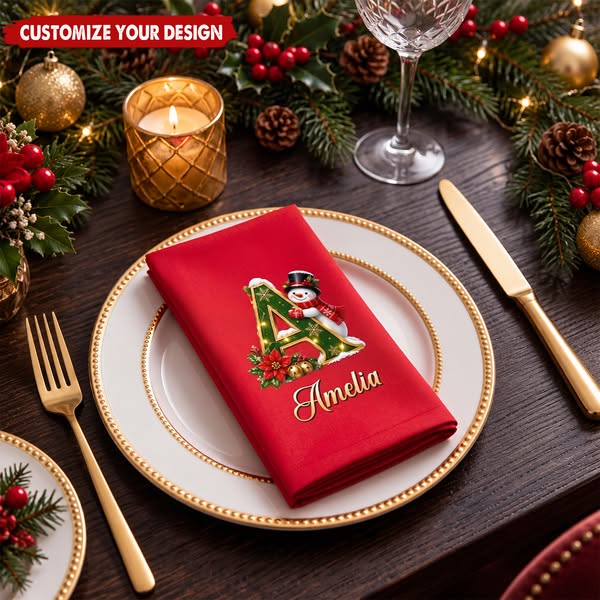Custom Snowman Cotton Napkin - Personalized Christmas Birthday Gifts - Gathered Together With Joy
