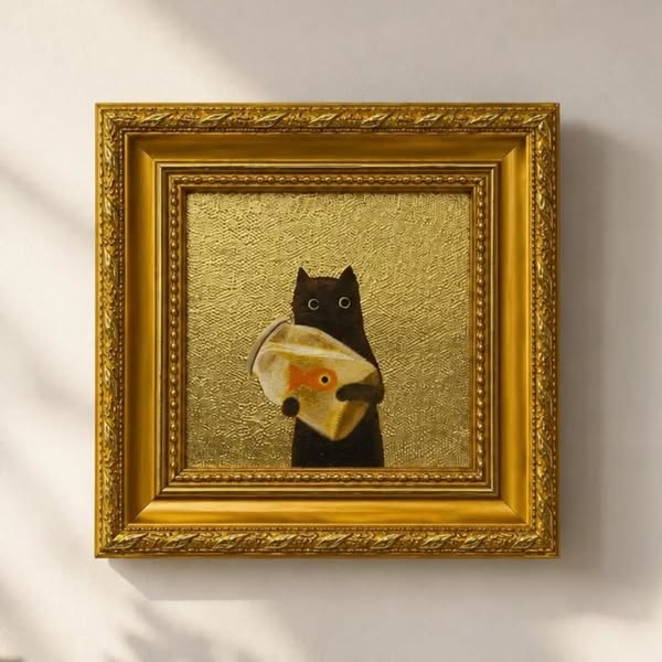 Black Cat Gold Leaf Miniature Painting - The Staring Black Cat