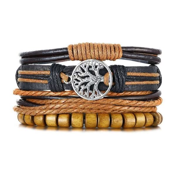 Conjunto de 4 pulseras bohemias para hombre de cuero (22 modelos) - Marrón claro - Árbol de la vida