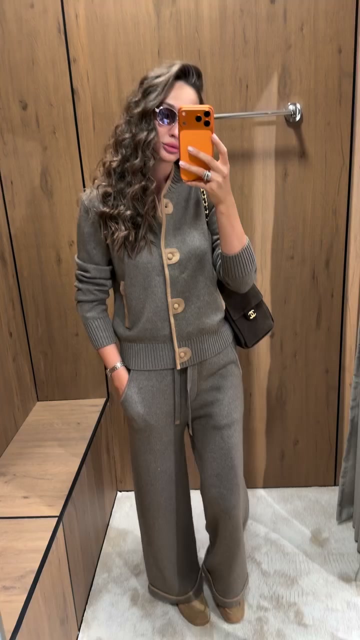 Heathered Luxe. BundleWear™ Contrast-Trim Knit Co-Ord. Cardigan + Pants. Effortless Polish. Shop Now.