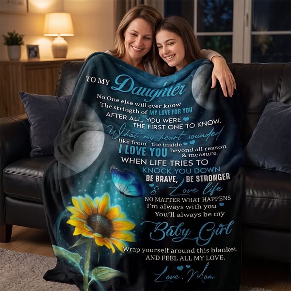 To My Daughter Sunflower Blue Butterfly Mom Fleece Blanket Home Decor Bedding Couch Sofa Soft And Comfy Cozy