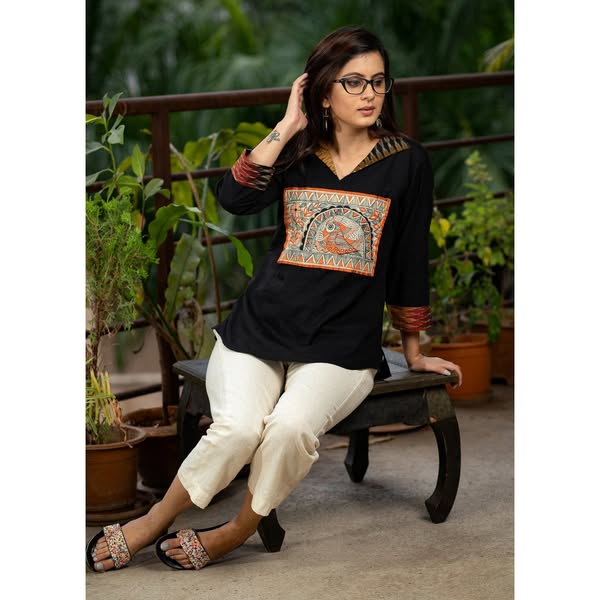 Black cotton top with hand painted Madhubani workCA$51.45