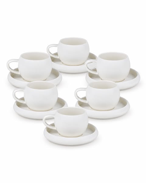 Bavary Chubby Koffiekopjes met Schotel 12-delig – 120 ml – Wit Porselein – Espresso & Demitasse