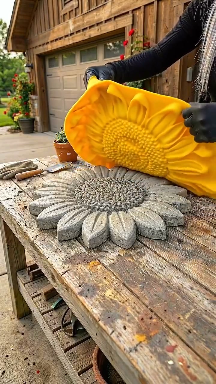 Saai, grijs betonnen pad dat geen persoonlijkheid heeft? Verander beton in een tuin vol zonneschijn met deze herbruikbare zonnebloemmal –