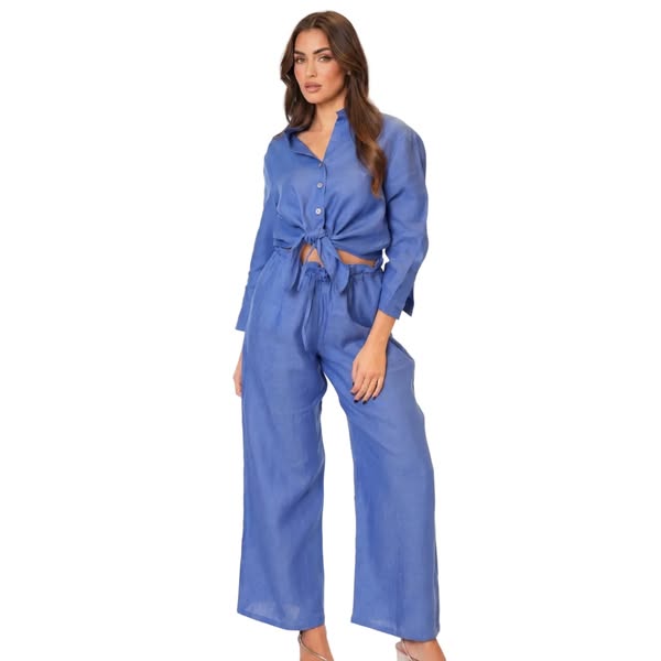 Completo Camicia Nodo Positano in Puro Lino Blue Royal