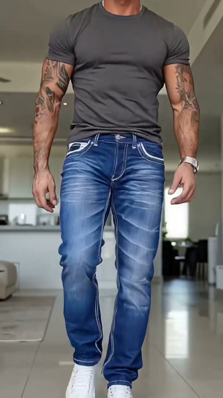 Men Dark Blue Contrast White Stitch Straight Leg Stretch Jeans