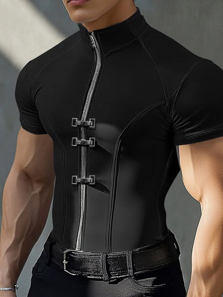 Mens Solid Color Zipper Short Sleeve T-Shirt SKUK97602