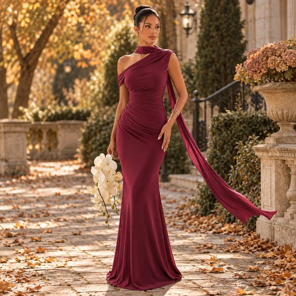 The Elara Riviera Scarf One-Shoulder Gown