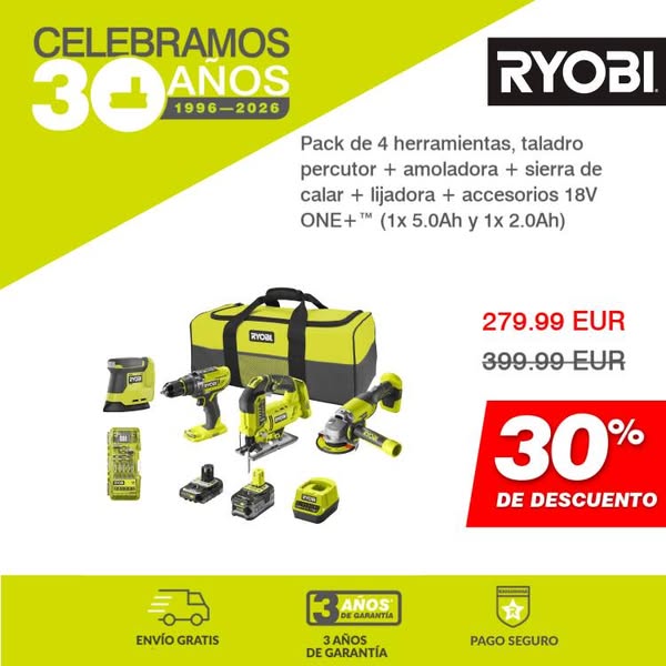 Pack de 4 herramientas, taladro percutor + amoladora + sierra de calar + lijadora + accesorios 18V ONE+™ (1x 5.0Ah y 1x 2.0Ah)