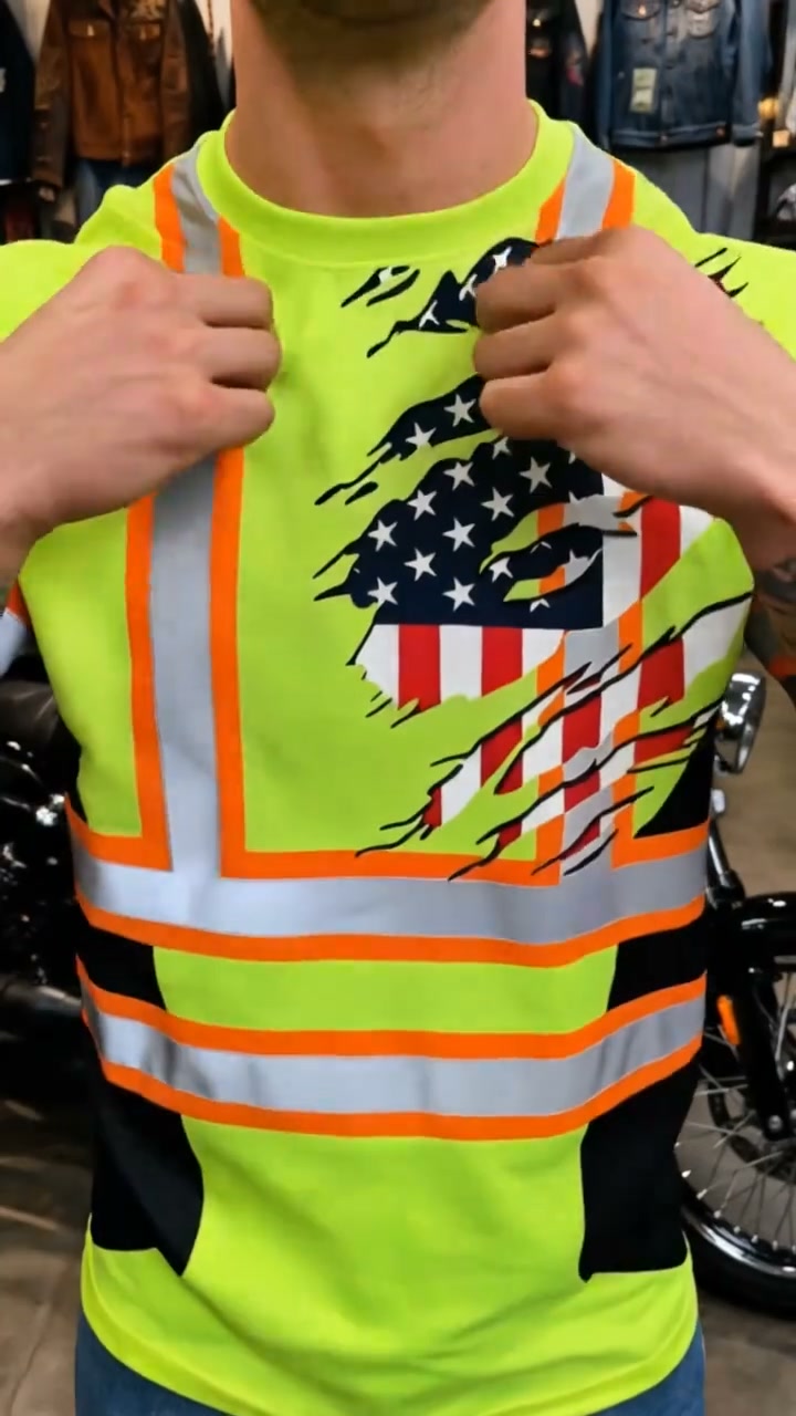 Men Neon Lime Simulated Reflective Harness Distressed US Flag Print High Vis Safety Work T-Shirt