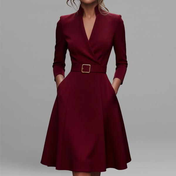 Women's Formal Stand Collar Wrap V Neck Long Sleeve Pocket Midi Dress