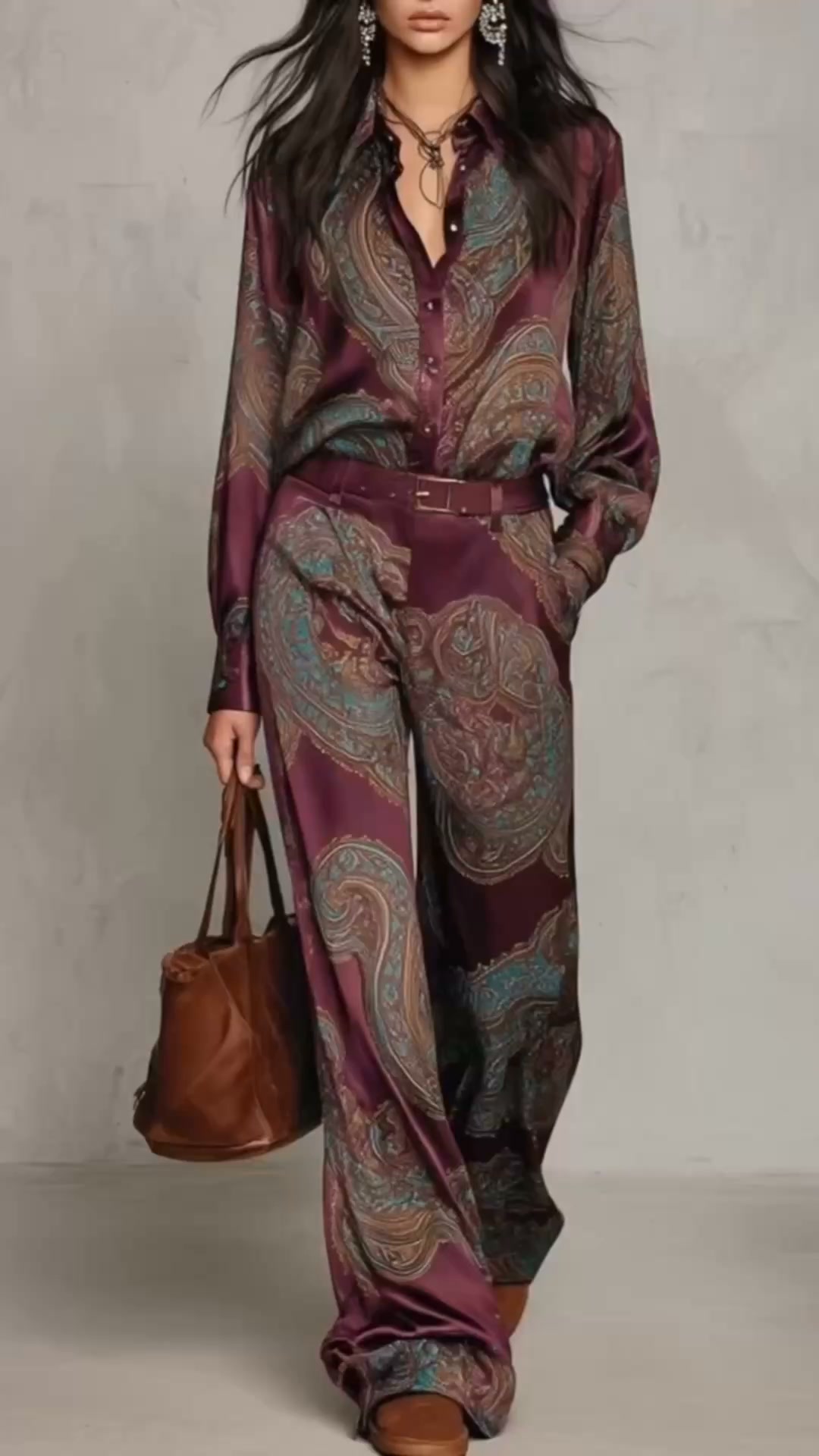 Conjunto satinado cachemire con pantalón ancho