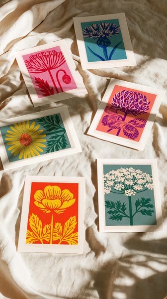 Six bold linocut wildflowers