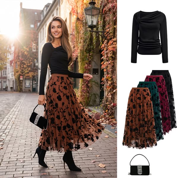 Flocked Rose Double-Layered Tulle Maxi Skirt